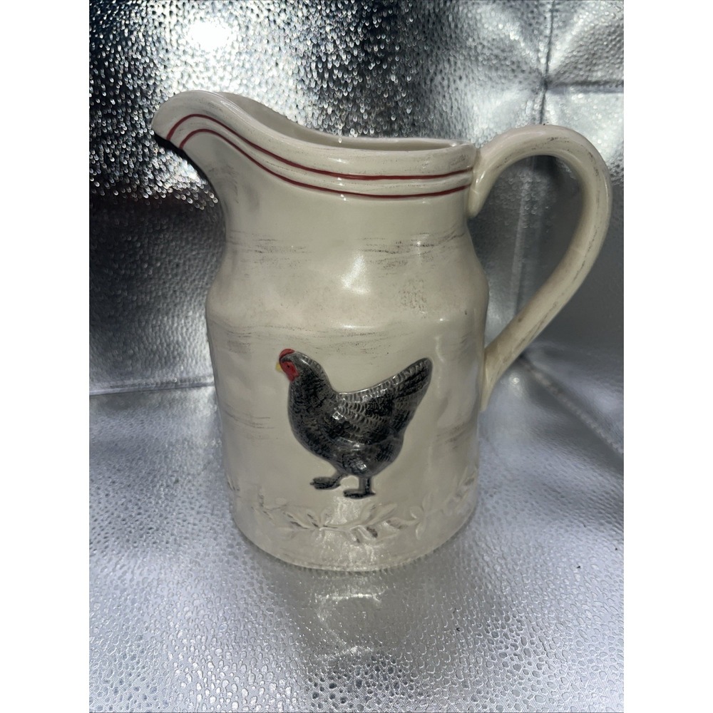 Vintage Ceramic Farmhouse Pitcher - Black Hen & Rooster Design Chickens
